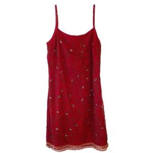 Slip Dress Red Beaded Lace Trim Spaghetti Strap Size 11 EXPRESS Y2K Deadstock